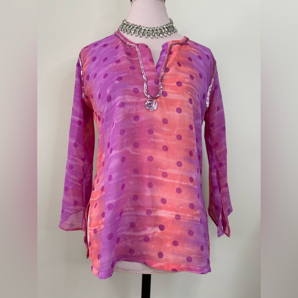 Free People Semi Sheer Elegant Pink& purple sequin accent Top size large